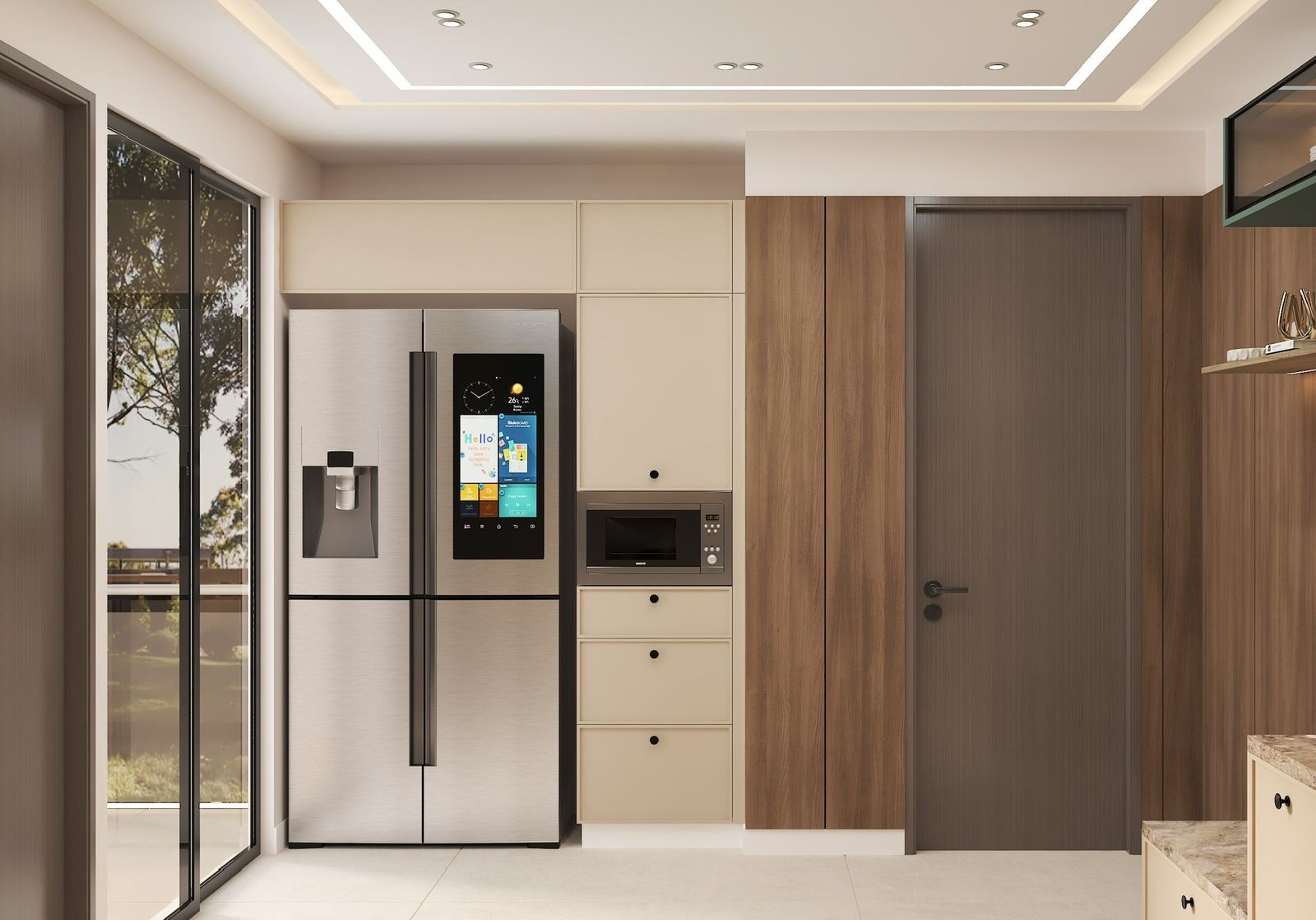 Kitchen with Smart Fridge & Wood Accents, Kanpur
